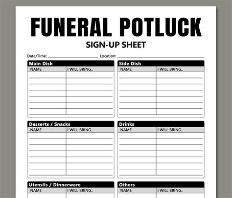 Funeral Potluck Sign up Sheet Printable, Signup Form for Potluck Dinner ...