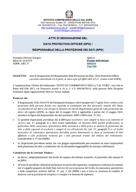 Atto Di Nomina Del Responsabile Della Protezione Dei Dati Personali