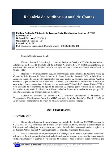 Pdf Relatório De Auditoria Anual De Contas Cgu · Relatório Em