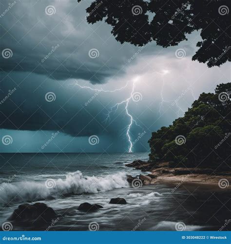 A Lightning Bolt Hitting In The Ocean From Beach With Rocks Stock Illustration Illustration Of