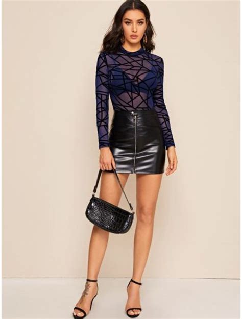 Buy Shein Mock Neck Sheer Geo Mesh Bodysuit Without Lingerie Online