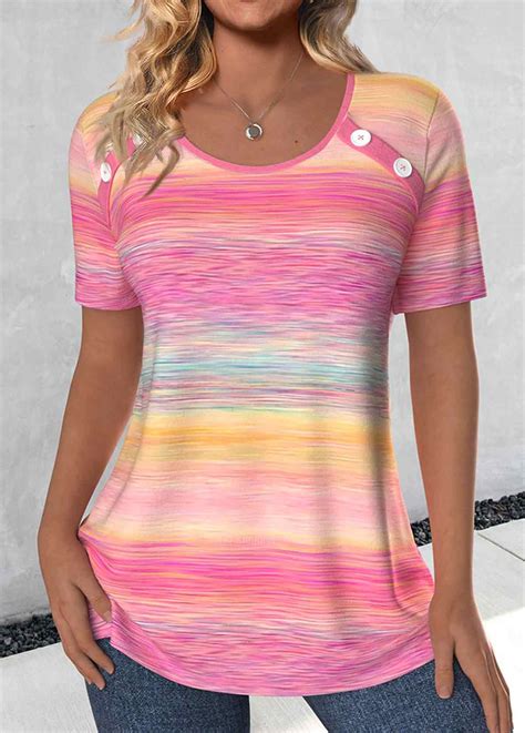 Rotita Plus Size Button Pink Ombre Round Neck T Shirt Rotita