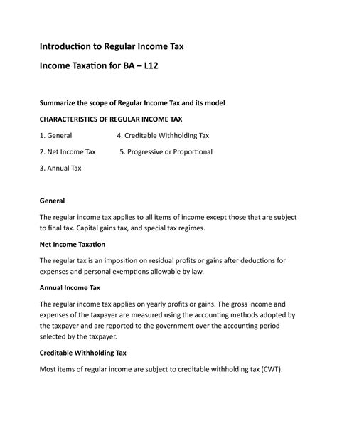 Income Taxation 12 Lecture Notes Introduction To Regular Income Tax Income Taxation For Ba