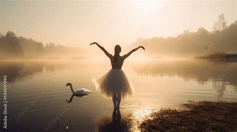 Female ballet dancer on swan lake in golden hour haze, prima ballerina ...