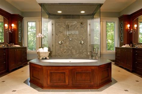 Master Bathroom With Pass Thru Shower And Separate His Hers Vanities Traditional Bathroom