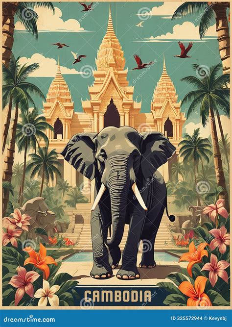 Cambodia Cambodian Vintage Travel Poster With Elephant Stock