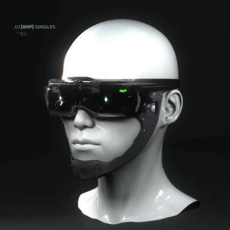 a white mannequin head wearing a pair of goggles with green lights on it