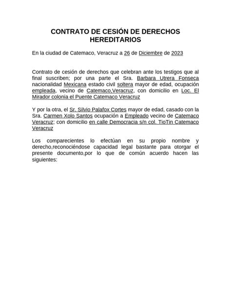 Contrato De Cesión De Derechos Hereditarios Pdf