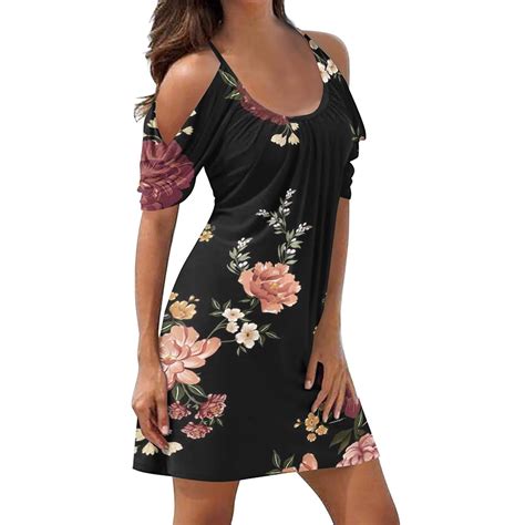 Ehqjnj Flapper Dresses 1920s Summer Women Crew Neck Cold Shoulder Floral Printed Straps Swing