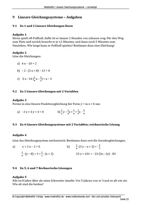 10 Arbeitsblätter Linare Gleichungssysteme Aufgaben Mathefritz