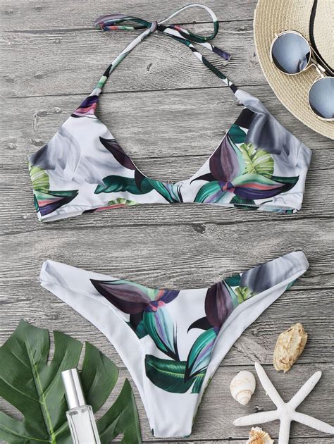 45 OFF Halter Tropical Print Bikini Bathing Suit Rosegal