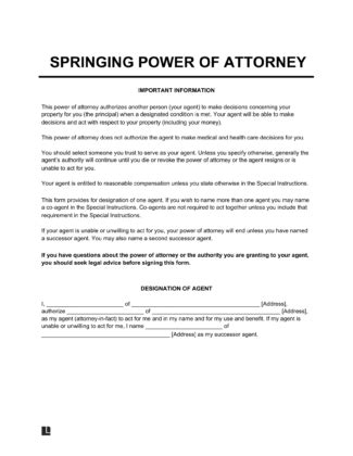 Free Springing Power of Attorney Form | PDF & Word