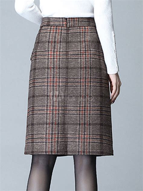 Skirt For Women Deep Brown Zipper Plaid Knee Length Raised Waist Layered Fashion Classic