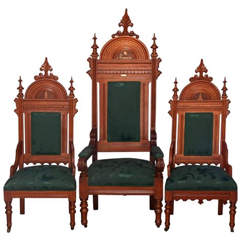 Antique Set Of Eastlake Carved Oak Masonic Ceremonial Throne Chairs