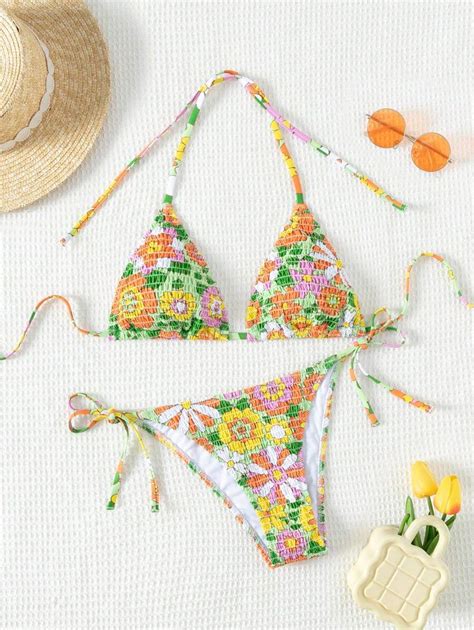 SHEIN Swim Summer Beach Women S Floral Print Halter Neck Tie Bikini Set