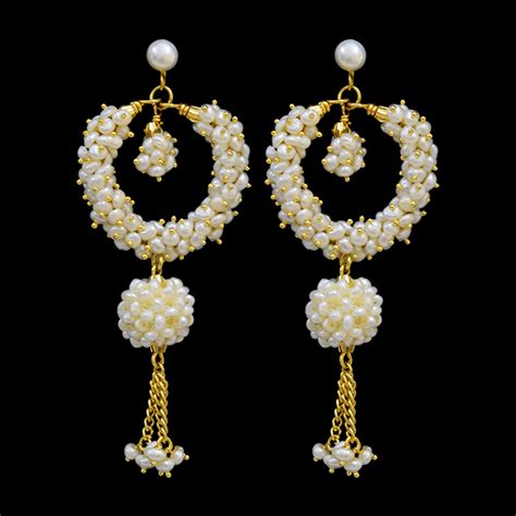 Long Chand Bali Earrings In Seed Pearls