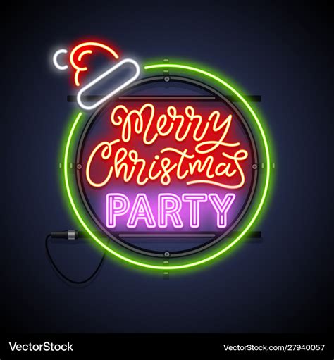 Merry Christmas Party Round Neon Sign Royalty Free Vector