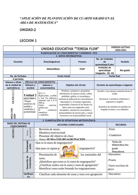 Aplicaci N De Planificaci N De Cuarto Grado En El Area De Matem Tica