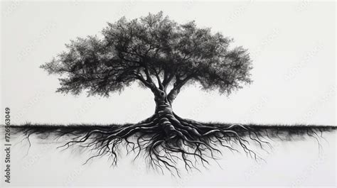 Monochrome Illustration Of A Majestic Tree With Deep Roots And