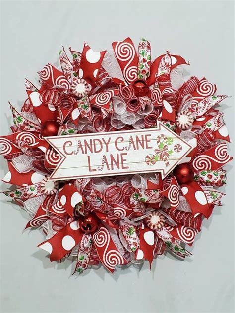 Christmas Candy Cane Peppermint Deco Mesh Wreath Merry Christmas Red