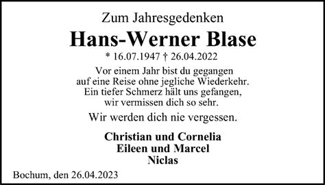 Traueranzeigen Von Hans Werner Blase Trauer In NRW De