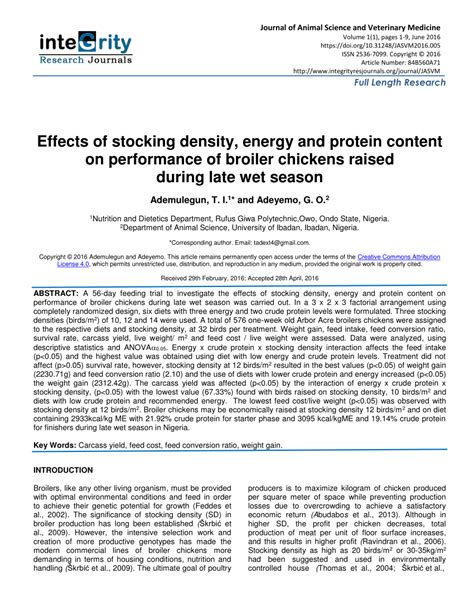 Pdf Effects Of Stocking Density Energy And Protein Content On Performance Of Broiler Chickens