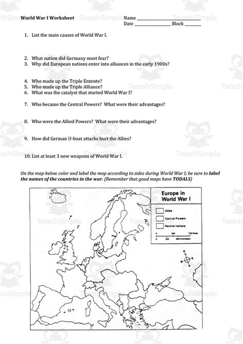 World War I Worksheet by Teach Simple