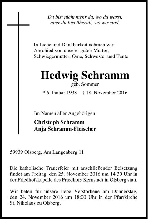 Traueranzeigen Von Hedwig Schramm Trauer In Nrw De