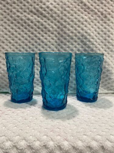 Three Vintage Anchor Hocking Aquamarine Lido Milano Crinkle Glass Juice Glasses Ebay