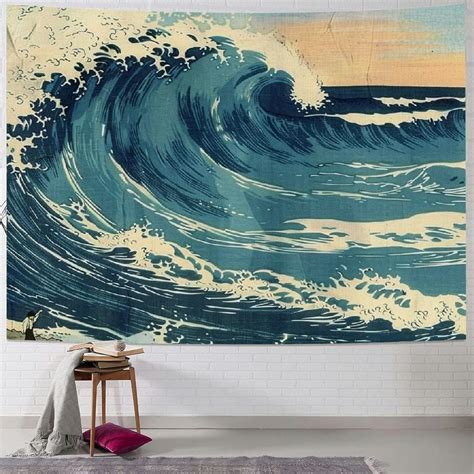 Bciig Retro Ocean Tapestry Wall Hanging Vintage Blue Watercolor Ocean