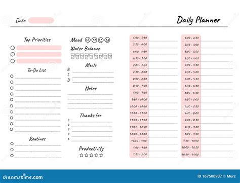 Daily Planner Printable Template Vector Blank White Notebook Page A