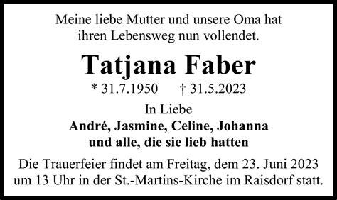 Traueranzeigen Von Tatjana Faber Trauer Anzeigen De