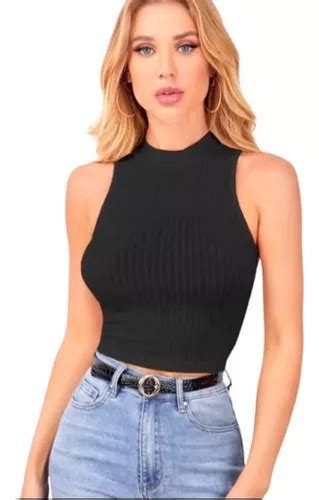 Top Cropped Feminina Gola Alta Malha Canelada Moda Gringa Mercadolivre