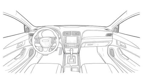 minimalist car interior  drawing black  white steering wheel