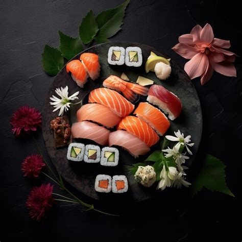 Premium Ai Image Photo A Plate Of Sushi And Sushi With Flowers And