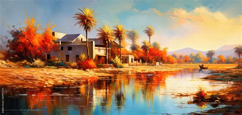 painting style illustration, desert village beside the oasis ...