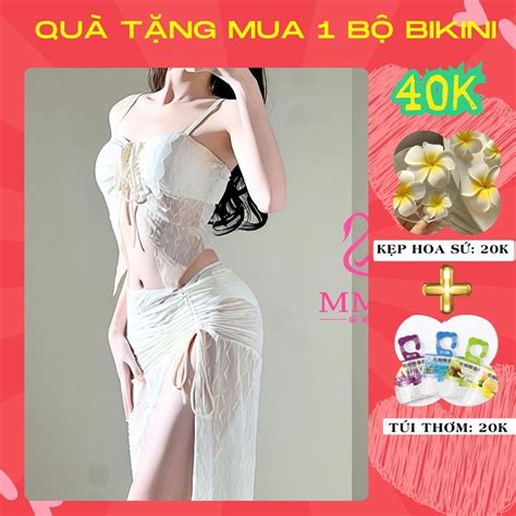 Bộ Bikini Chi Tiết Cho Nữ Đồ Bơi Đi Biển Mảnh Dáng Dài Áo Bra Váy Rút Dây Màu Trắng Kem C