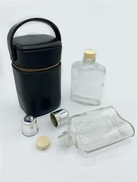 Glass Whiskey Flasks With Black Leather Case Etsy