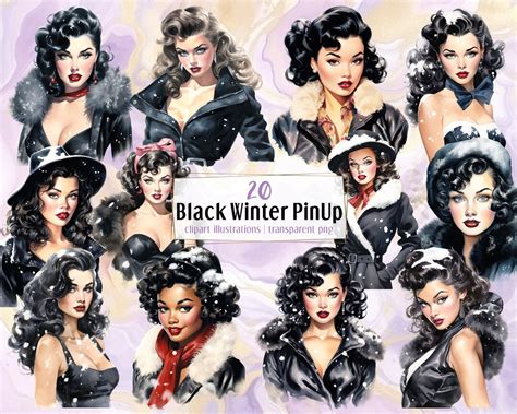 Black Winter Pin Up Girl Portrait Illustrations Vintage 40 S Females