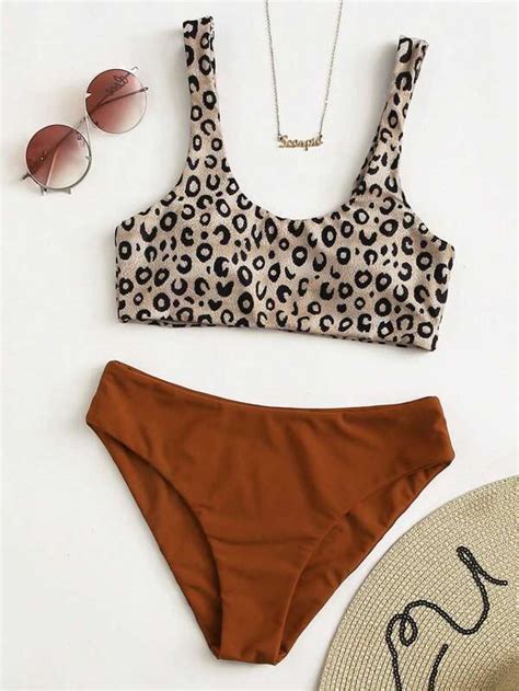 Shein Swim Vcay Leopard Bikini Set Scoop Neck Tank Top Bikini Bottom