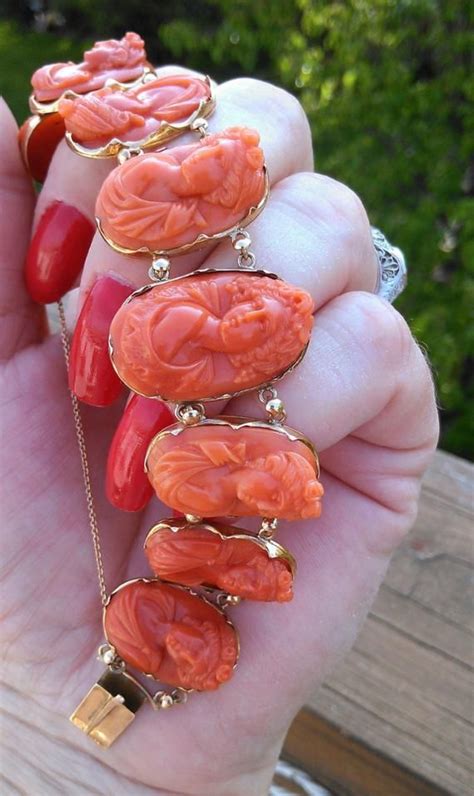 K Gold Red Coral Cameo Bracelet Unique Exeptional One Of A Kind