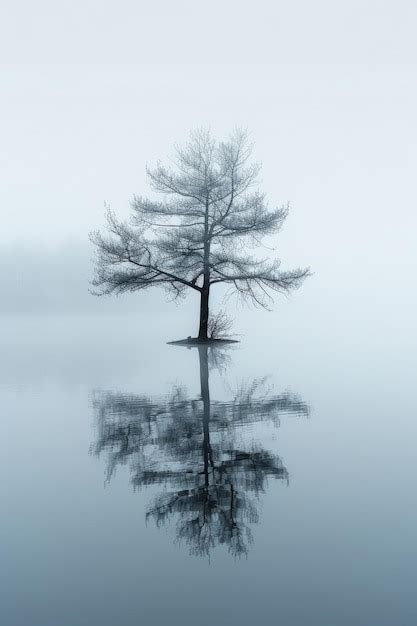 Premium Photo A Solitary Tree In The Middle Of A Misty Lake