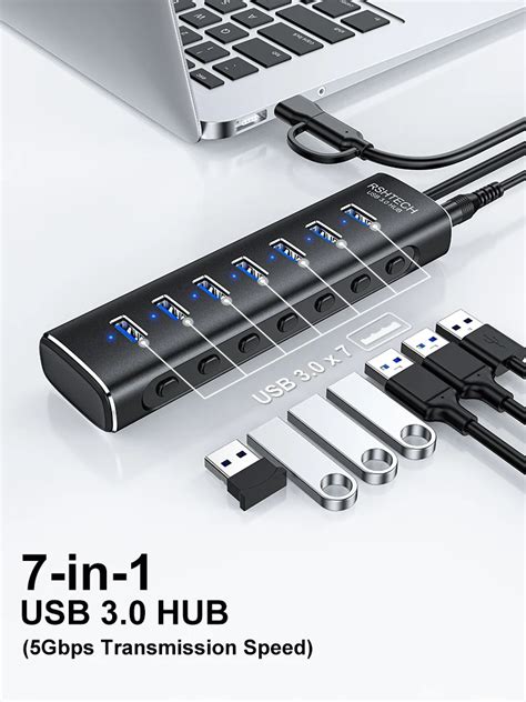 Rshtech Usb Hub 30 7 Port Aluminum Powered 7 In 1 Multiport Usb Hubs With Power 12v2a Type C