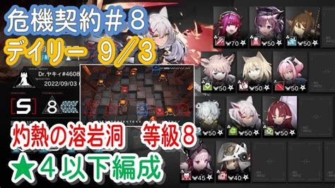 【アークナイツ】危機契約8 デイリー93 等級8 低レア編成【星4以下】灼熱の溶岩洞 Youtube