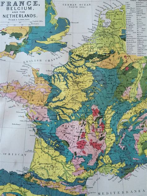 Original Antique Geological Map Of France Belgium And The