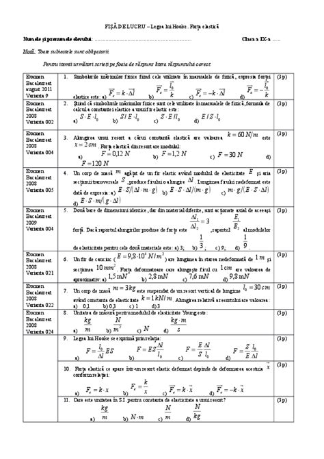 (DOC) Fisa de lucru IX Legea lui Hooke - Forta elastica