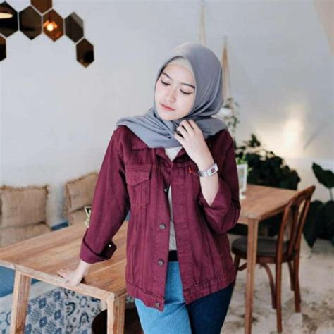 Jual Jaket Jeans Maroon Cewek Jaket Levi Wanita Oversize Saku Dalam