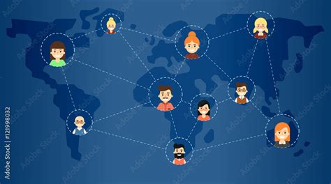 Social Media Network Banner With Connected Round People Icons On Blue