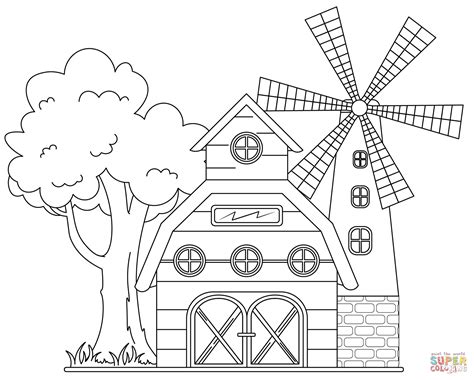 Barnhouse and Windmill coloring page | Free Printable Coloring Pages