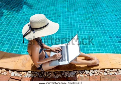 Woman Bikini Using Laptop Computer Blank Stock Photo Shutterstock
